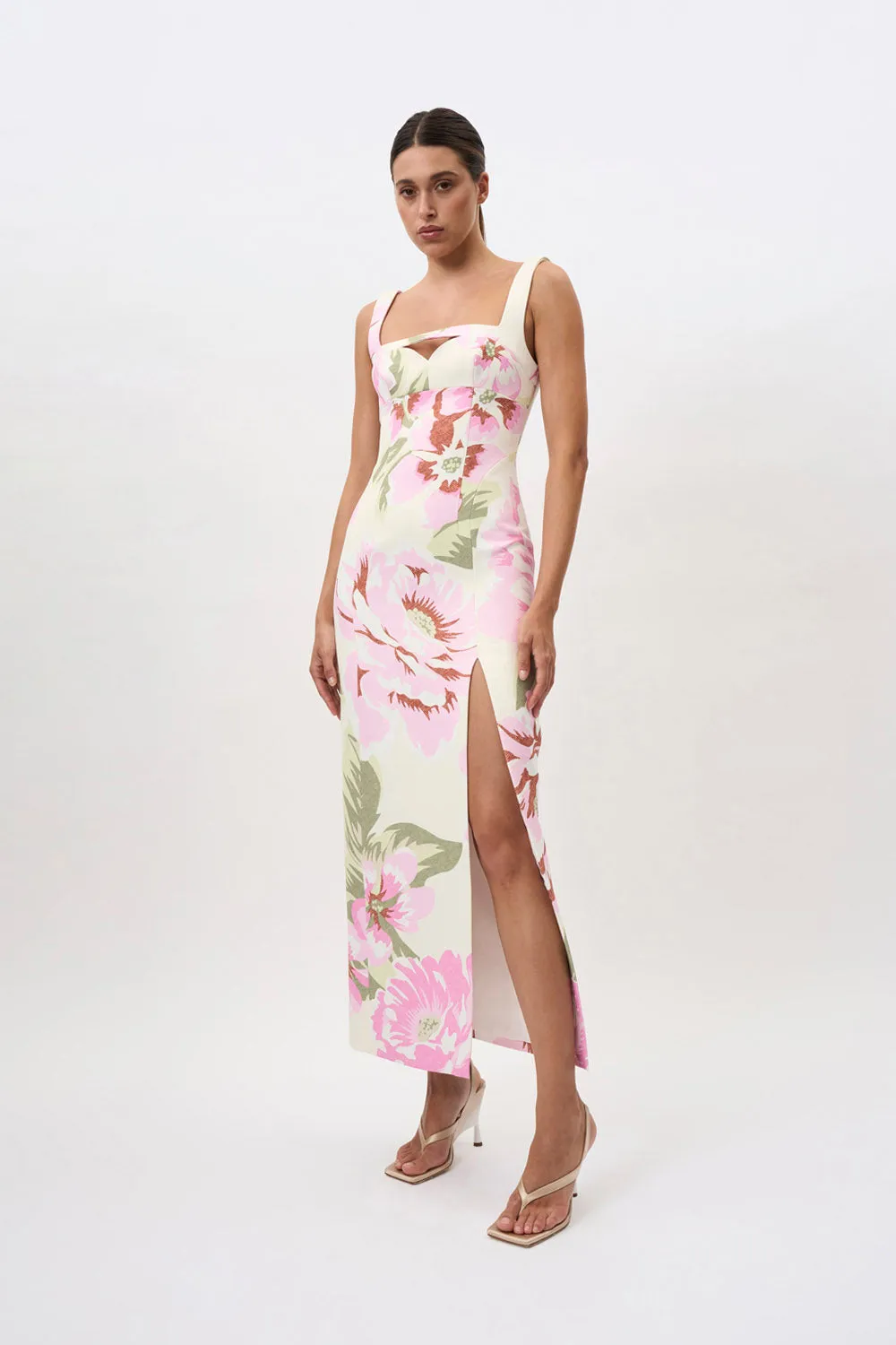 Edens Floral Square Peep Dress - Pink Ivory Green