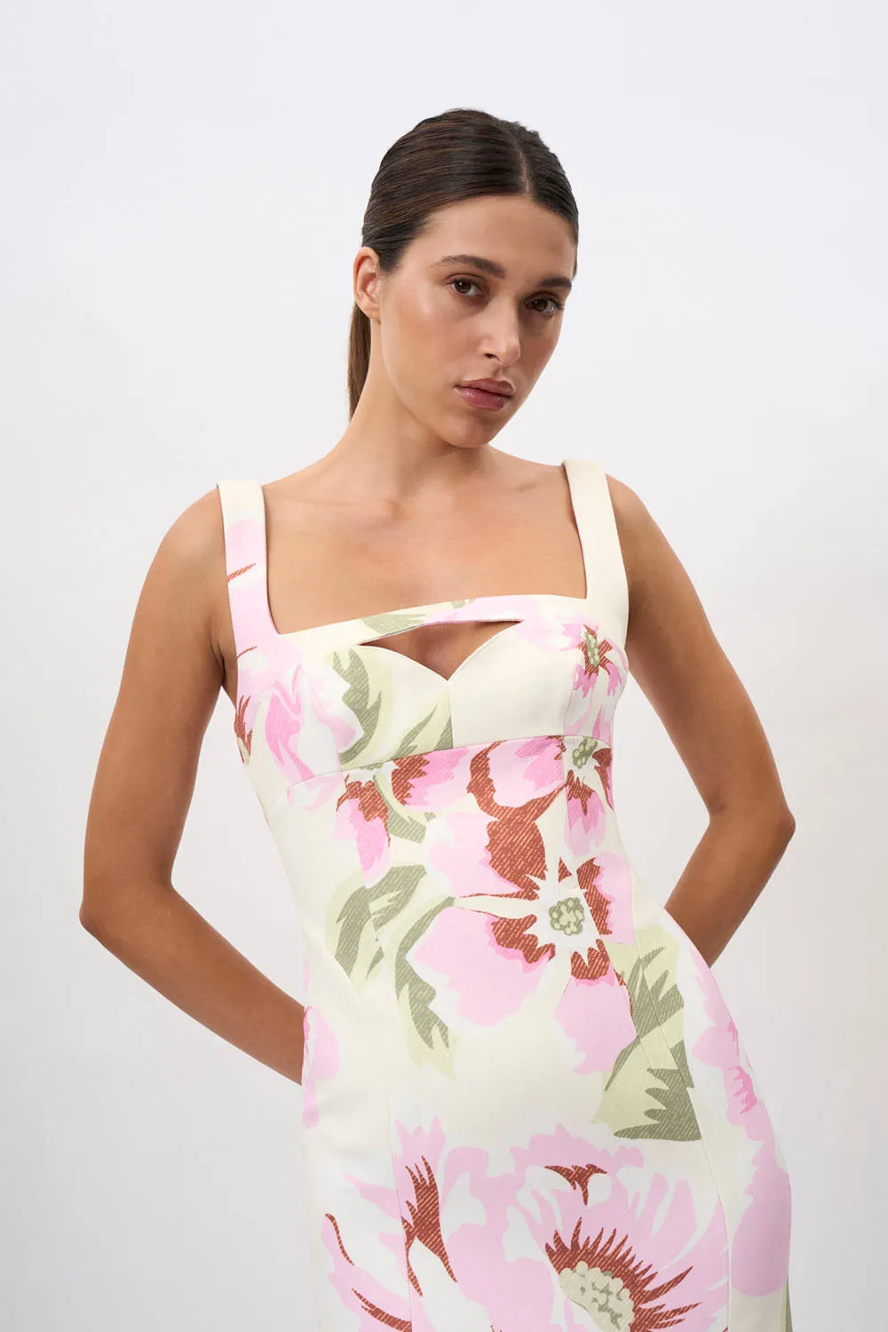 Edens Floral Square Peep Dress - Pink Ivory Green