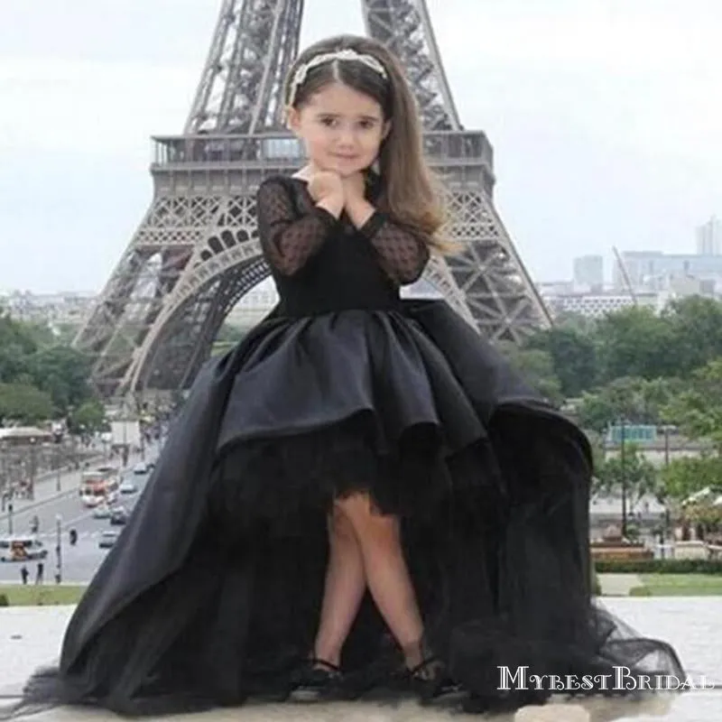 Elegant Black Satin Long Sleeves High-low A-line Long Cheap Flower Girl Dresses, FGS0011