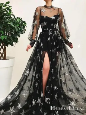 Elegant Chaming New Arrival Illusion Neckline Long Sleeves Black Tulle Long Cheap Formal Evening Prom Dresses, TYP0128