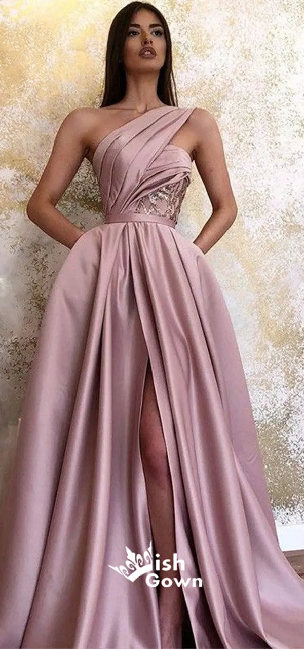 Elegant Dusty Pink One Shoulder A-line Side Split Long Prom Dresses, PG1116