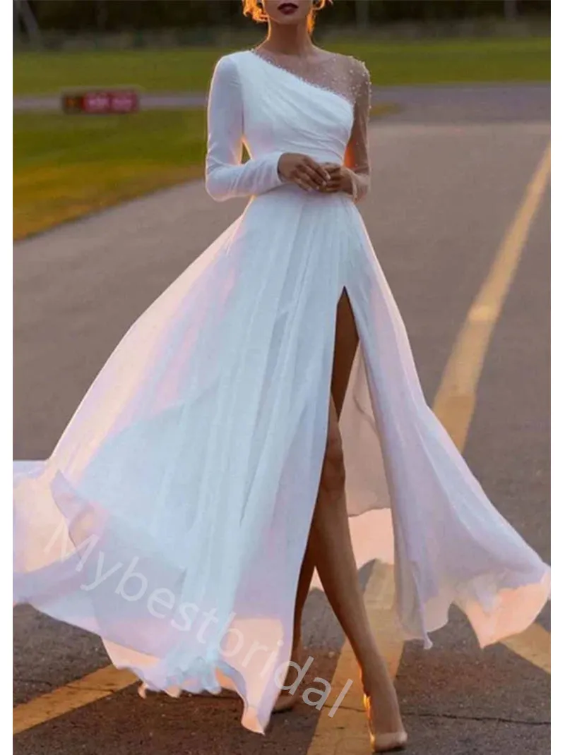 Elegant Long Sleeves Side Slit A-line  Wedding Dresses, WDY0347