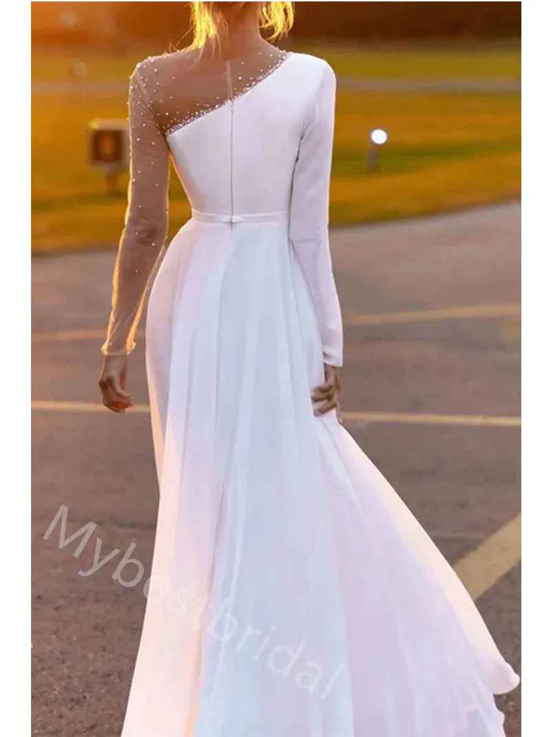 Elegant Long Sleeves Side Slit A-line  Wedding Dresses, WDY0347