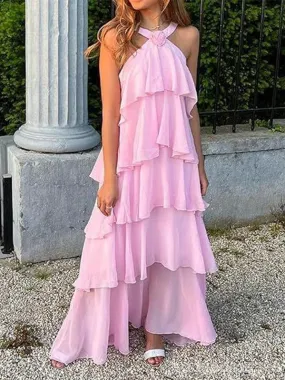 Elegant Pink A-line Halter Maxi Long Party Prom Dresses,Evening Dress,13515