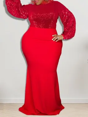 Elegant Plus Size Red Christmas Maxi Dress with Stand Collar and Long Sleeves