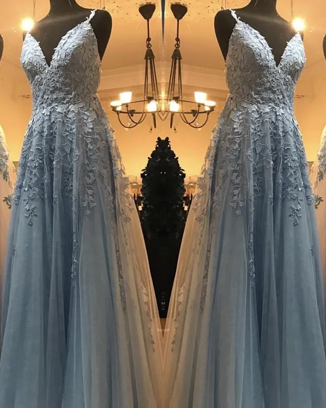 Elegant Prom Dresses Tulle V Neck Lace Embroidery