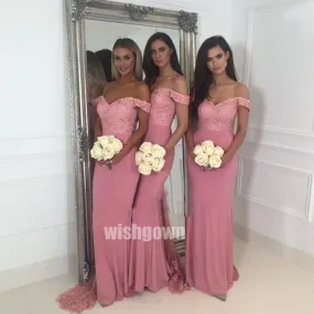 Elegant Rose Off-the-shoulder Mermaid Long Bridesmaid Dresses, YPS145