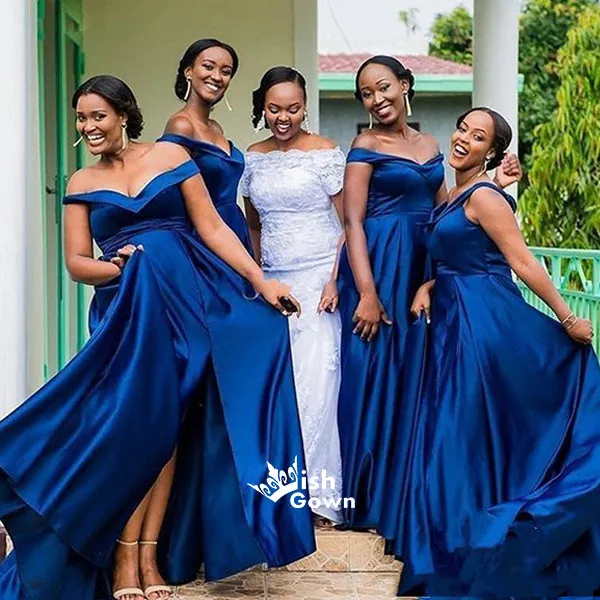 Elegant Royal Blue Off Shoulder Satin A-line Long Bridesmaid Wedding Party Dresses, WG413