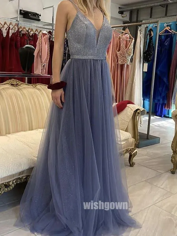 Elegant V-neck Spaghetti Srap Tulle Long Prom Dresses PG1205