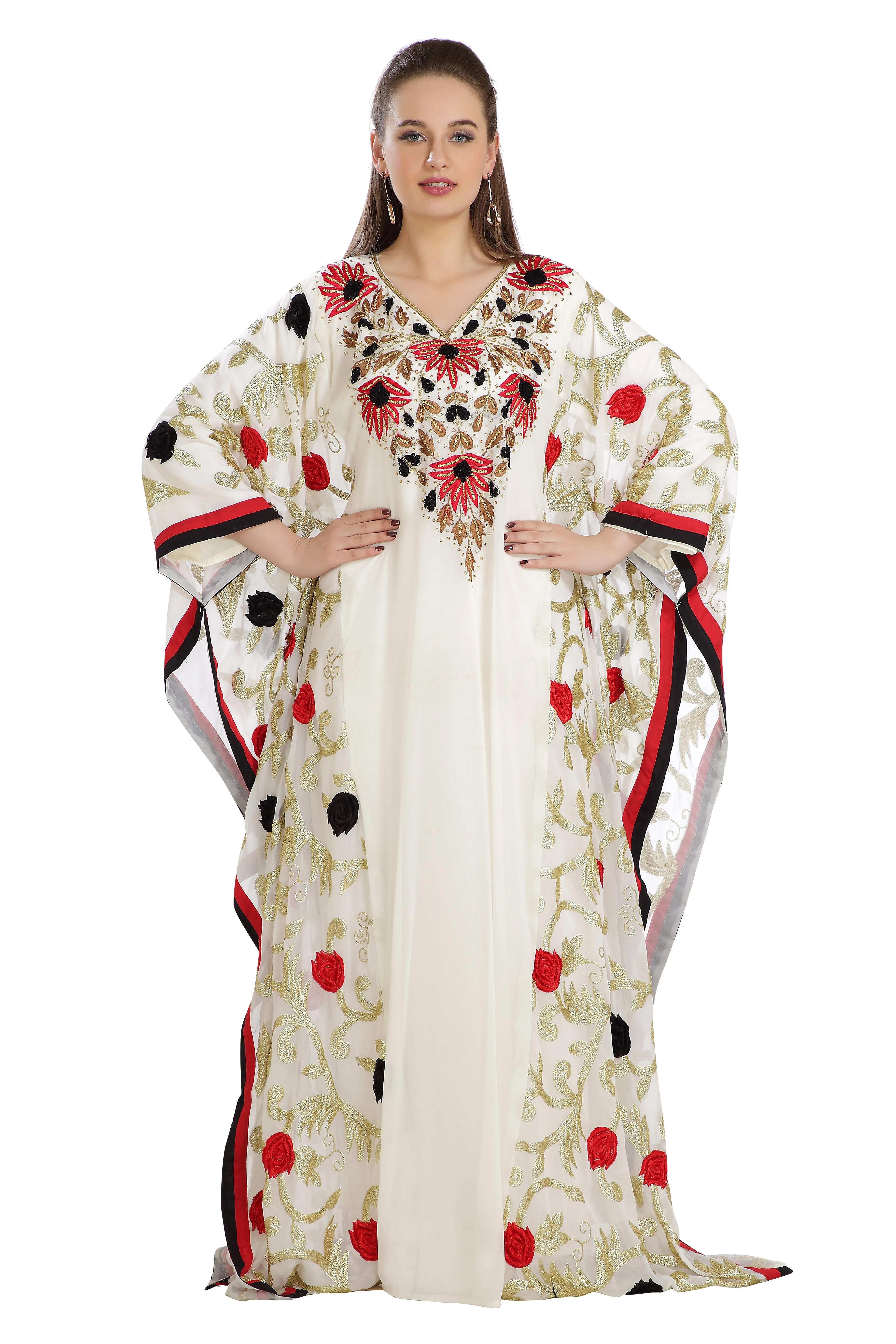 Embroidered Farasha Maxi in Red and Black Flowers