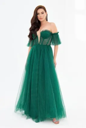 Emerald Glittered Tulle Tie Back Strapless Engagement Dress