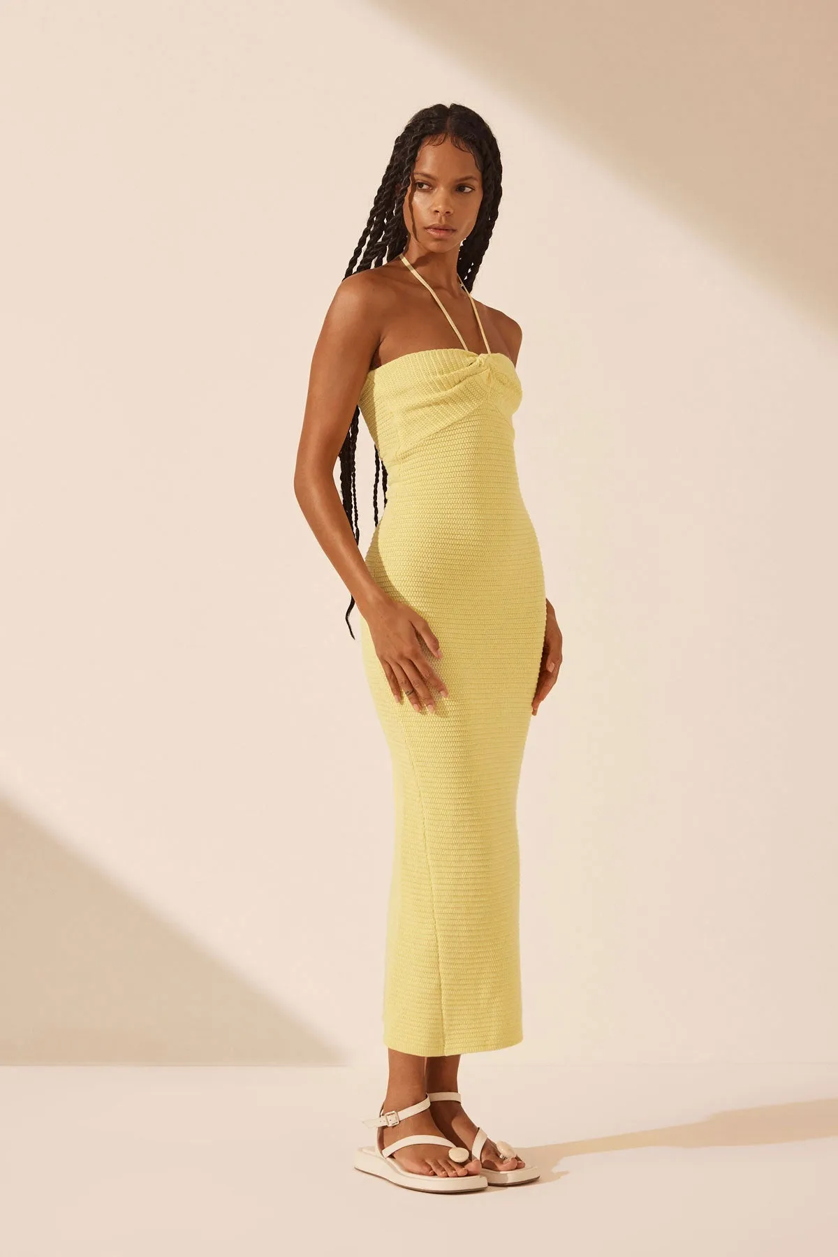 EVE TWIST FRONT HALTER MIDI DRESS - LEMON