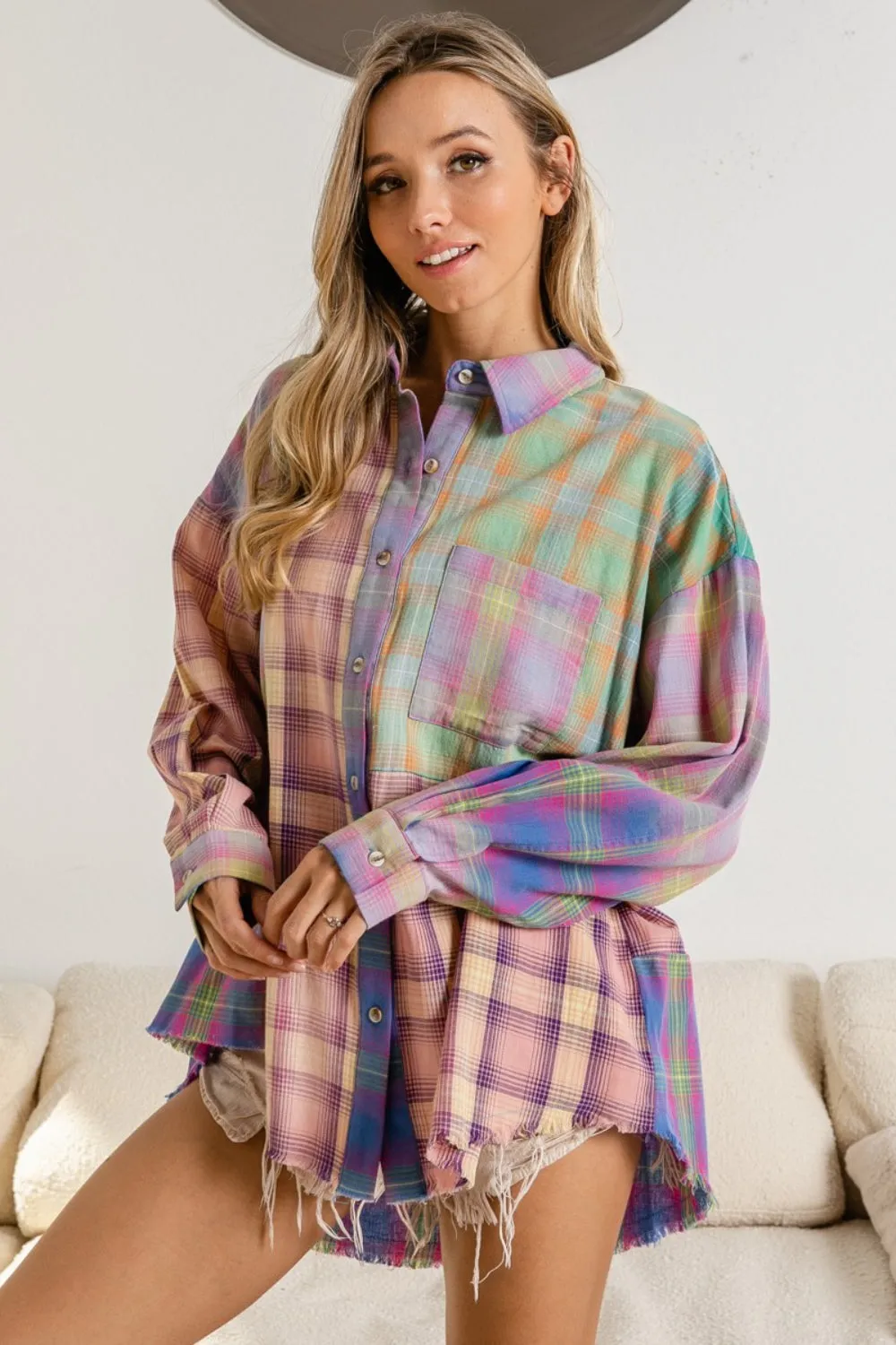 Explore More Collection - BiBi Plaid Color Block Button Up Shirt