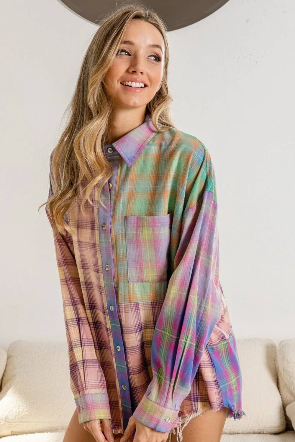 Explore More Collection - BiBi Plaid Color Block Button Up Shirt