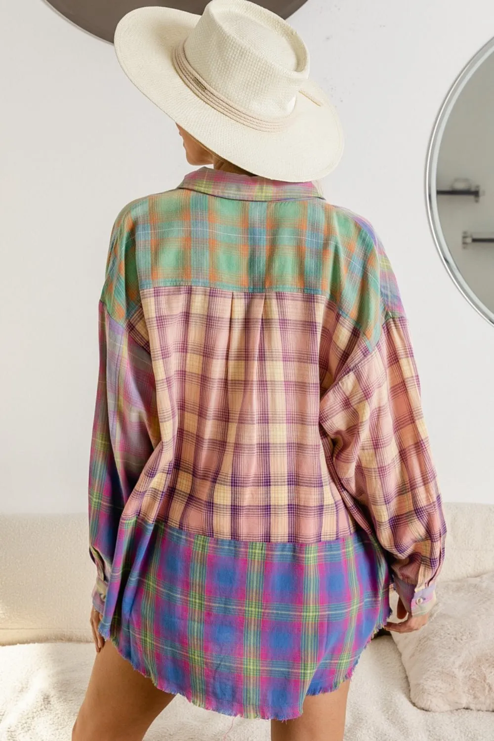 Explore More Collection - BiBi Plaid Color Block Button Up Shirt