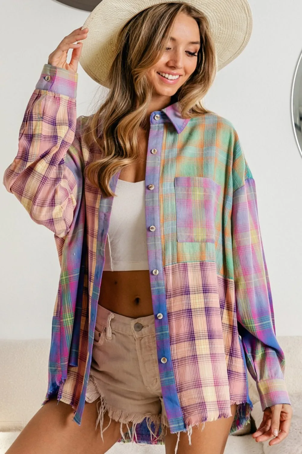 Explore More Collection - BiBi Plaid Color Block Button Up Shirt