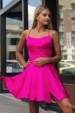 Fancy Spaghetti Straps Fuchsia Above Knee Split Homecoming Dress,Short Prom Dress,Graduation Dress,BP161