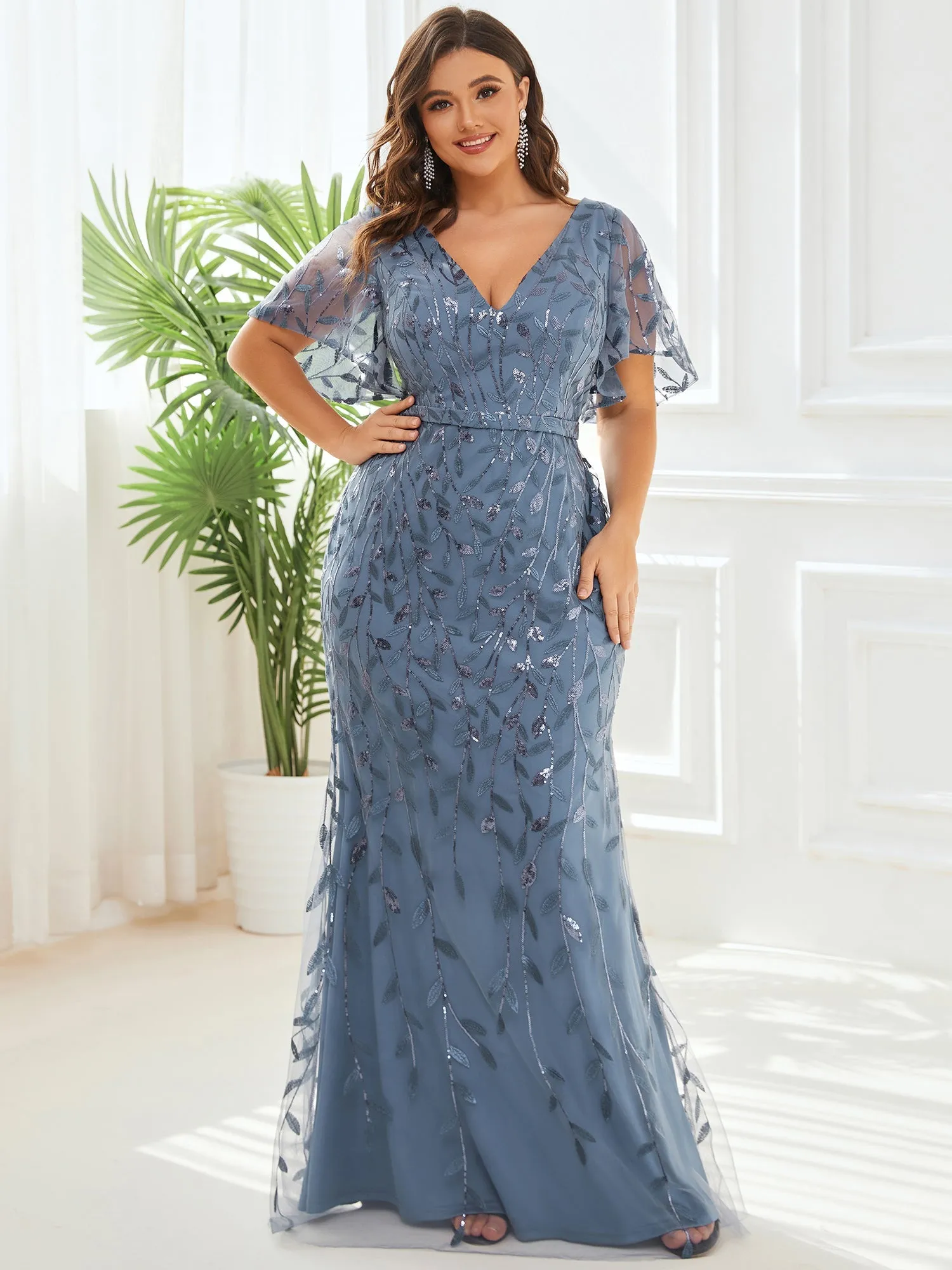 Fashion Plus Size Deep V Neck Wholesale Sequin & Tulle Evening Dress