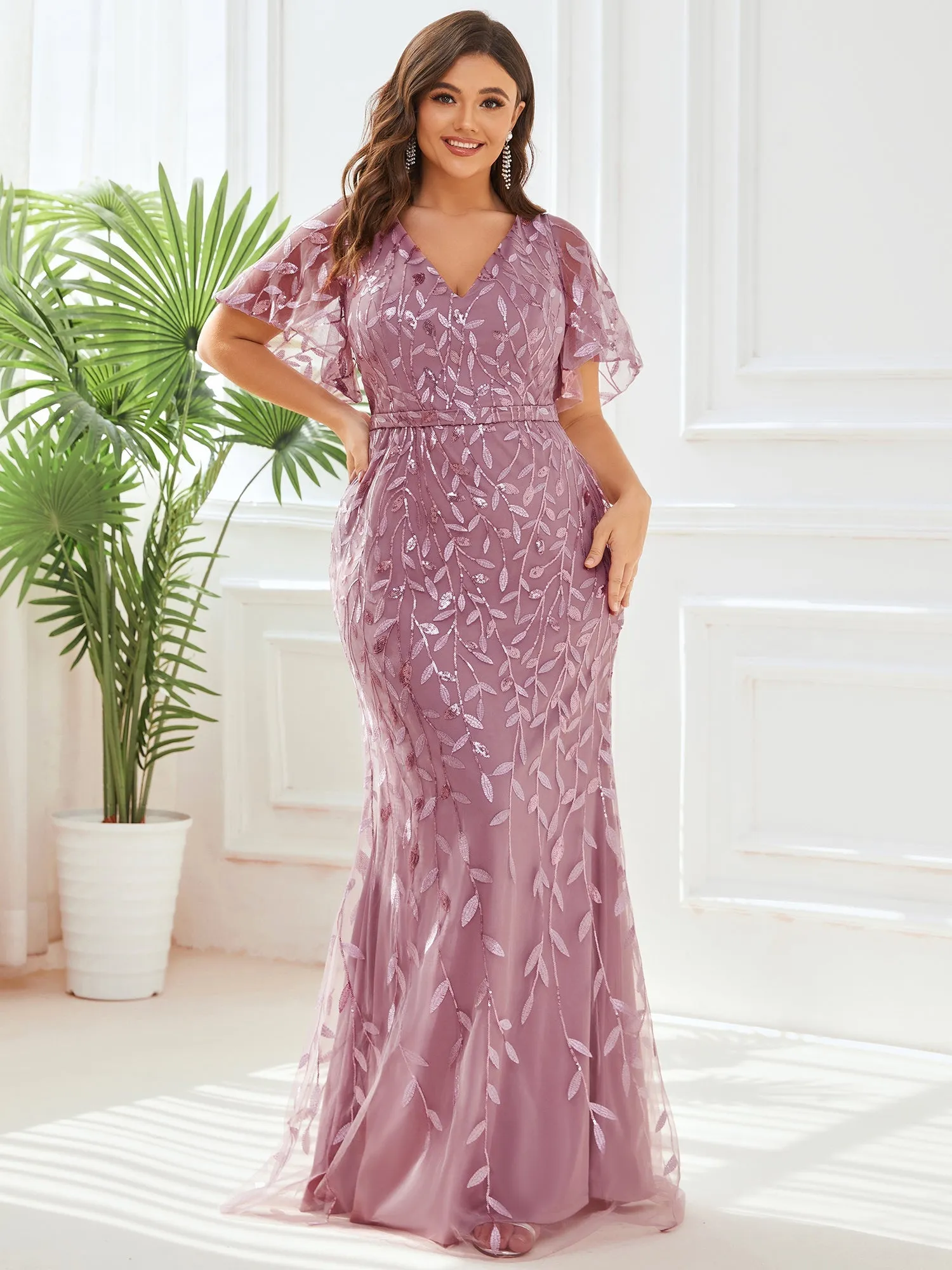 Fashion Plus Size Deep V Neck Wholesale Sequin & Tulle Evening Dress