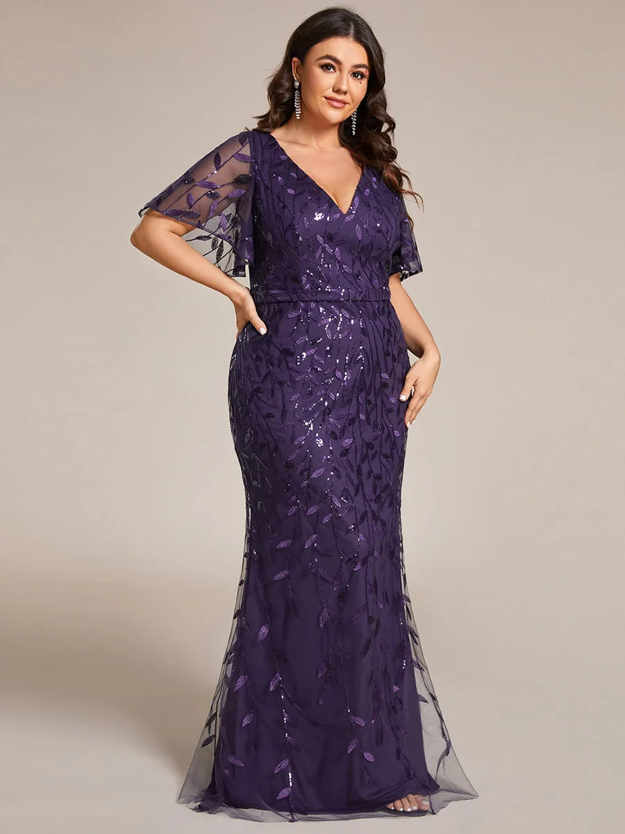 Fashion Plus Size Deep V Neck Wholesale Sequin & Tulle Evening Dress