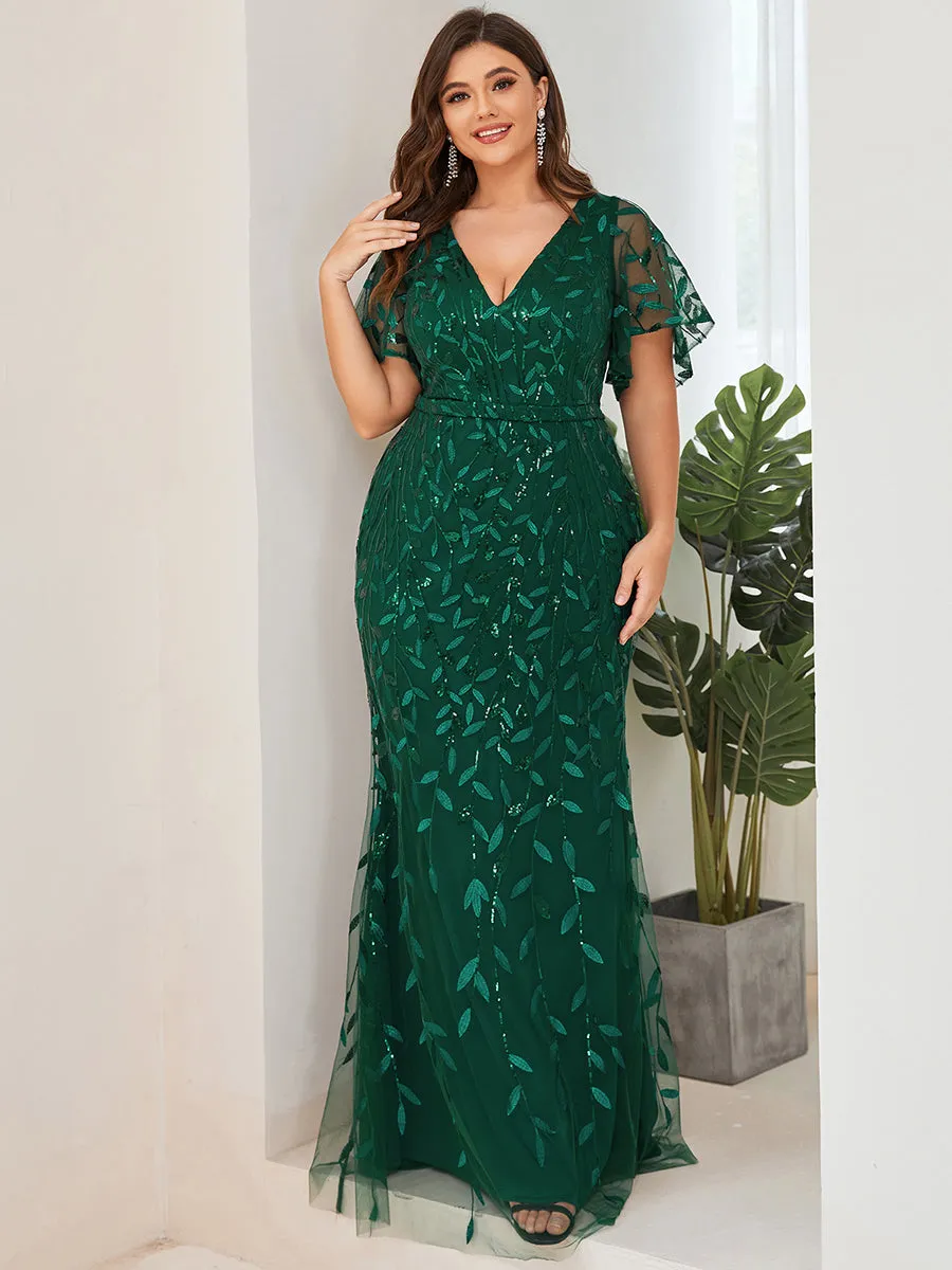 Fashion Plus Size Deep V Neck Wholesale Sequin & Tulle Evening Dress