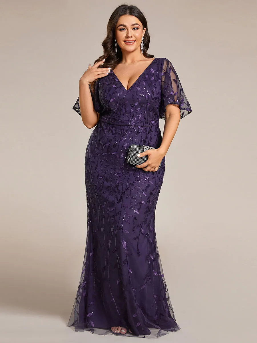 Fashion Plus Size Deep V Neck Wholesale Sequin & Tulle Evening Dress