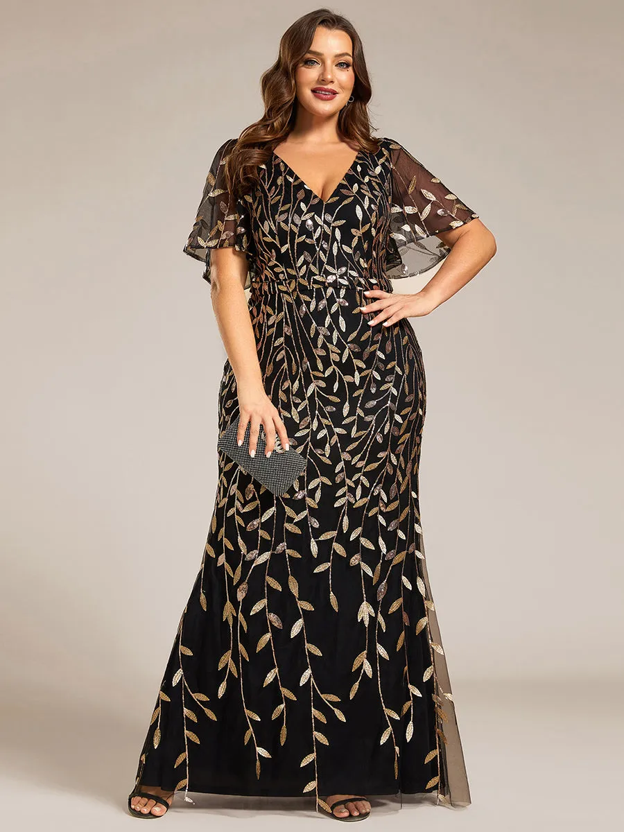 Fashion Plus Size Deep V Neck Wholesale Sequin & Tulle Evening Dress