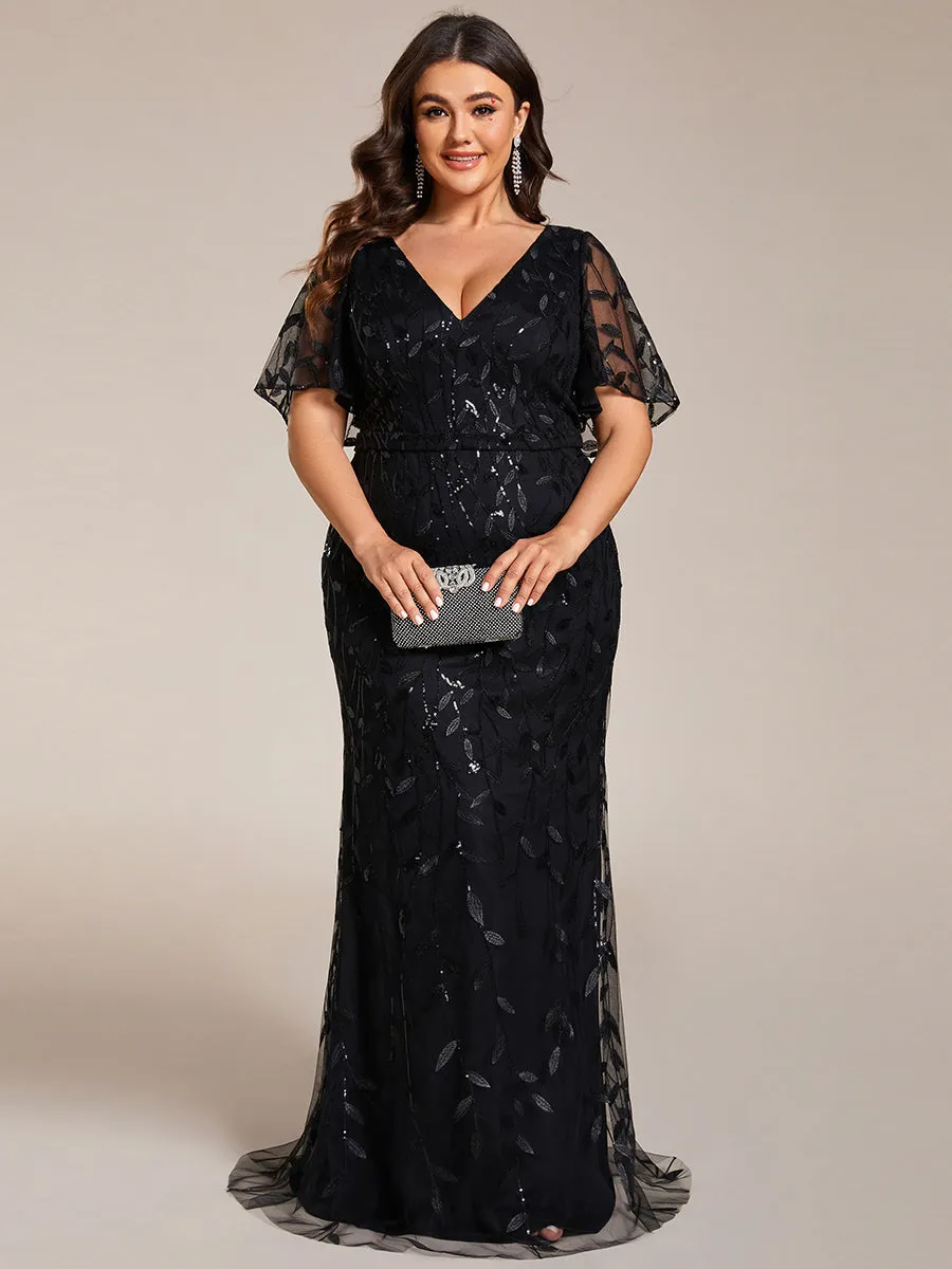 Fashion Plus Size Deep V Neck Wholesale Sequin & Tulle Evening Dress