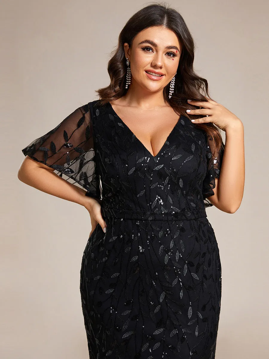 Fashion Plus Size Deep V Neck Wholesale Sequin & Tulle Evening Dress