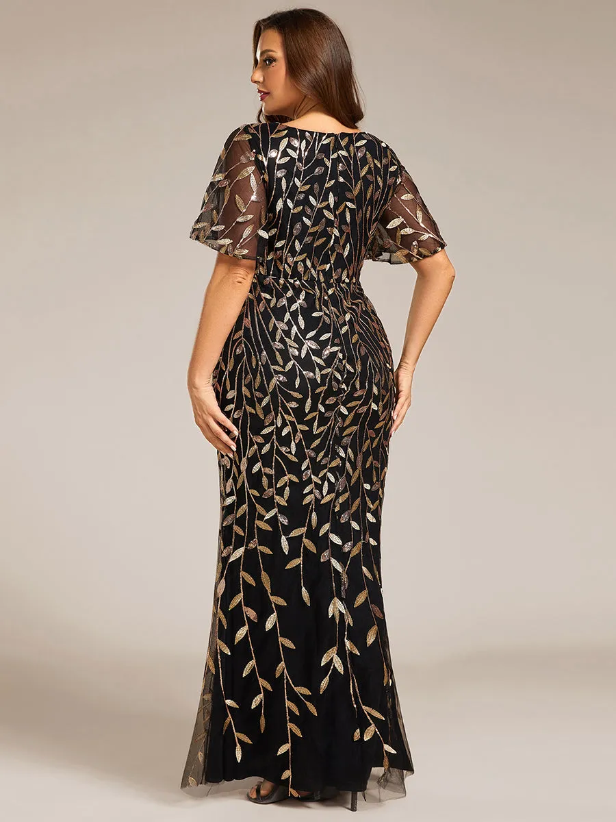 Fashion Plus Size Deep V Neck Wholesale Sequin & Tulle Evening Dress