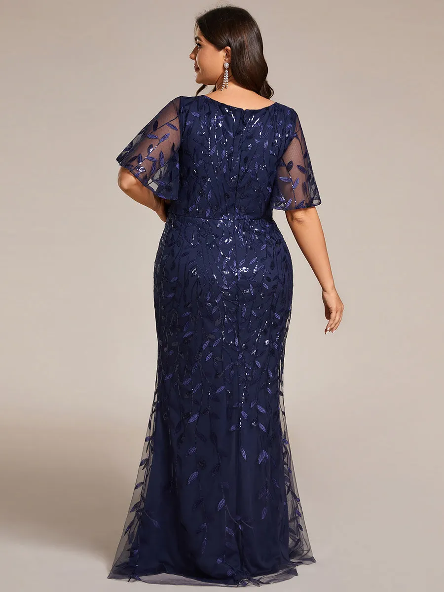 Fashion Plus Size Deep V Neck Wholesale Sequin & Tulle Evening Dress