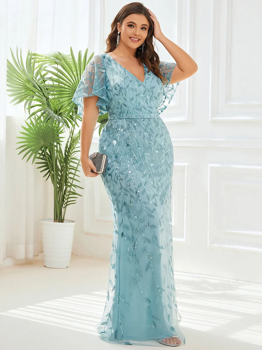 Fashion Plus Size Deep V Neck Wholesale Sequin & Tulle Evening Dress