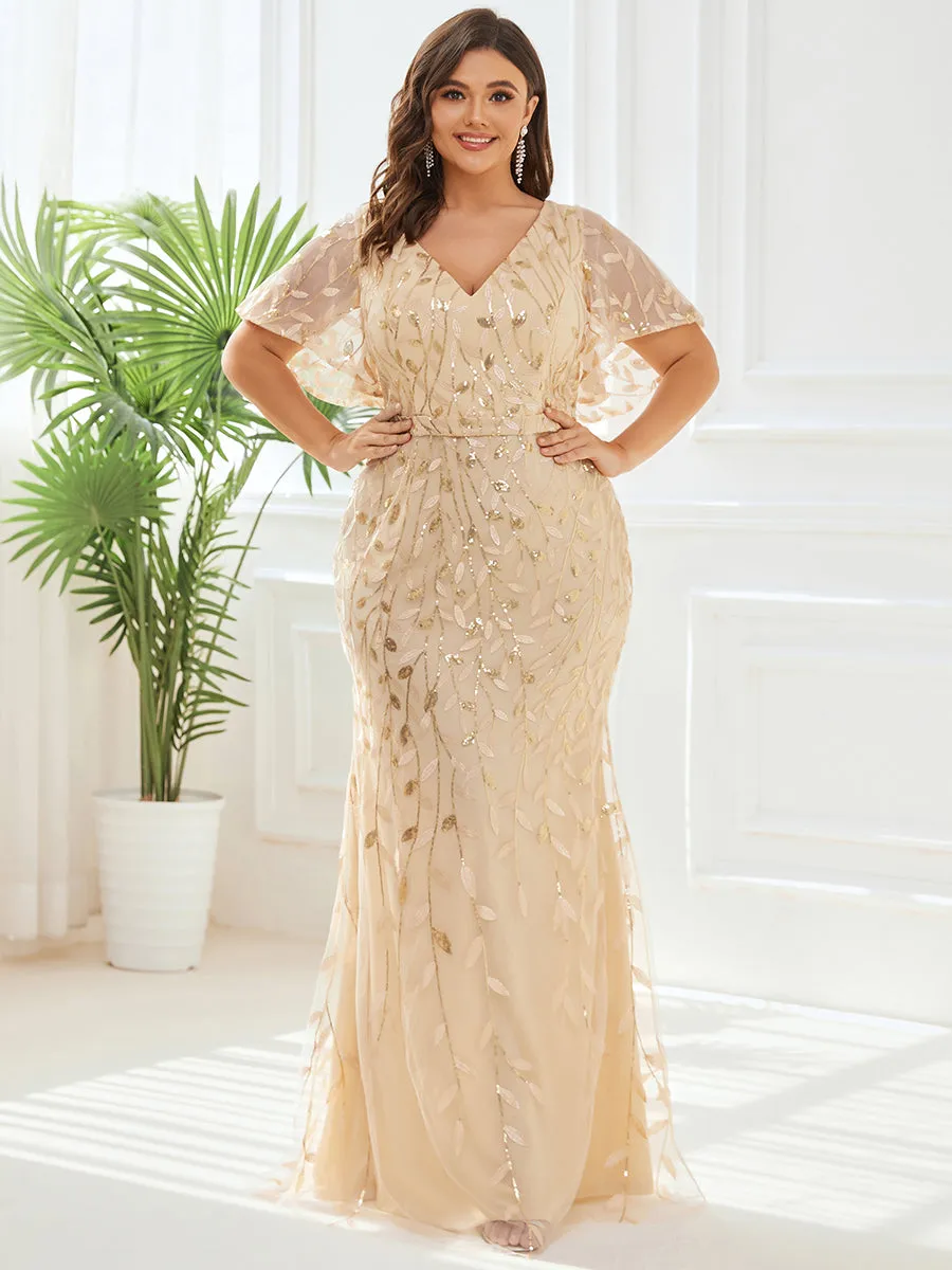 Fashion Plus Size Deep V Neck Wholesale Sequin & Tulle Evening Dress