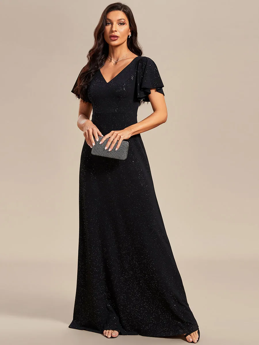 Floor Length Shiny Wholesale Evening Dresses With Ruffle Sleeves