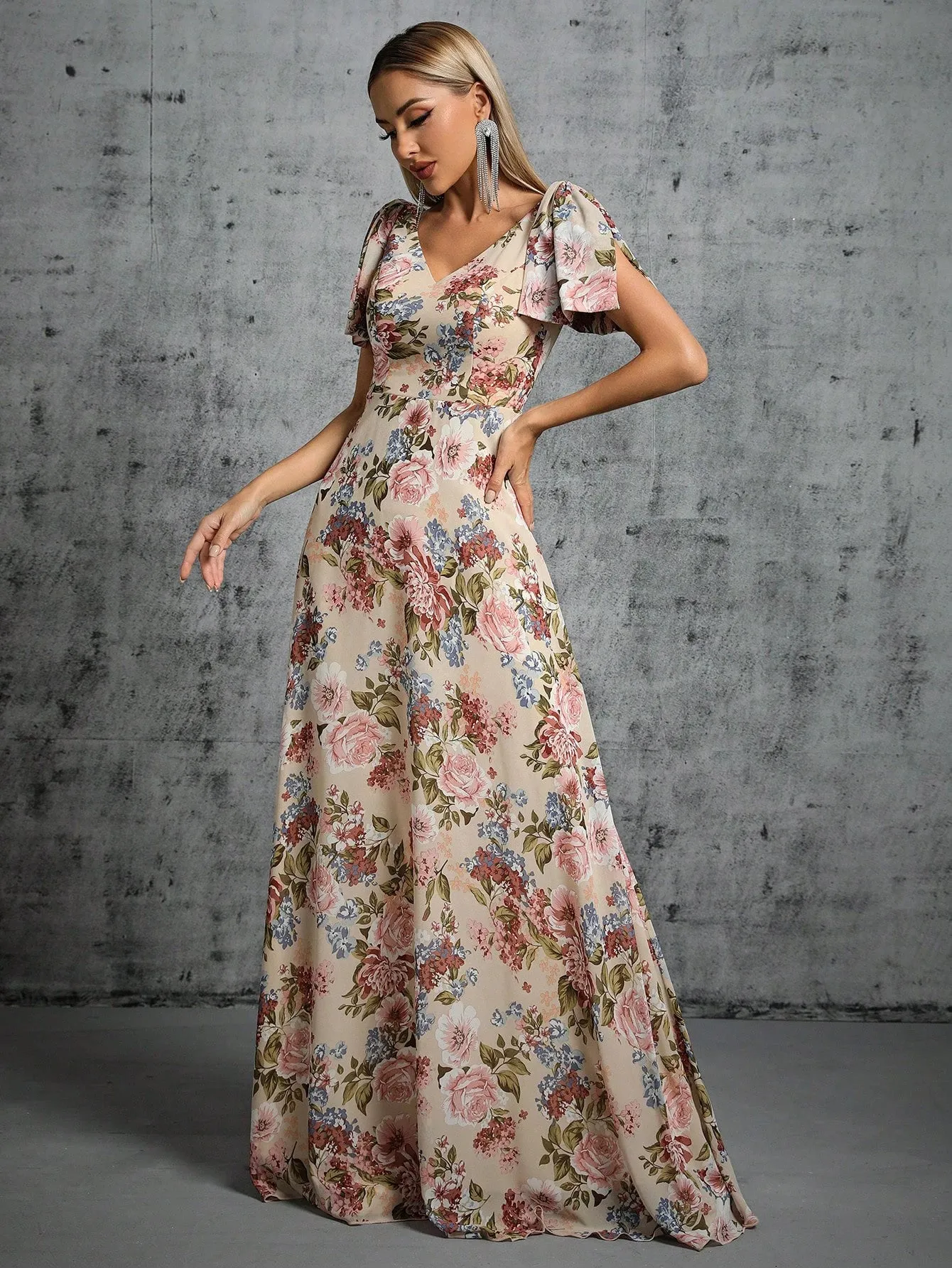 Floral Chiffon V Neck Short Sleeve Maxi Party Dress