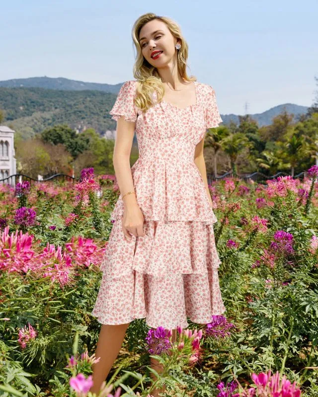 Floral Square Neck Tiered Ruffle Dress 2023 Summer Vintage A-line Swing Midi Dress