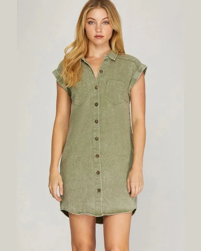 Folded Cuff Button Down Dress