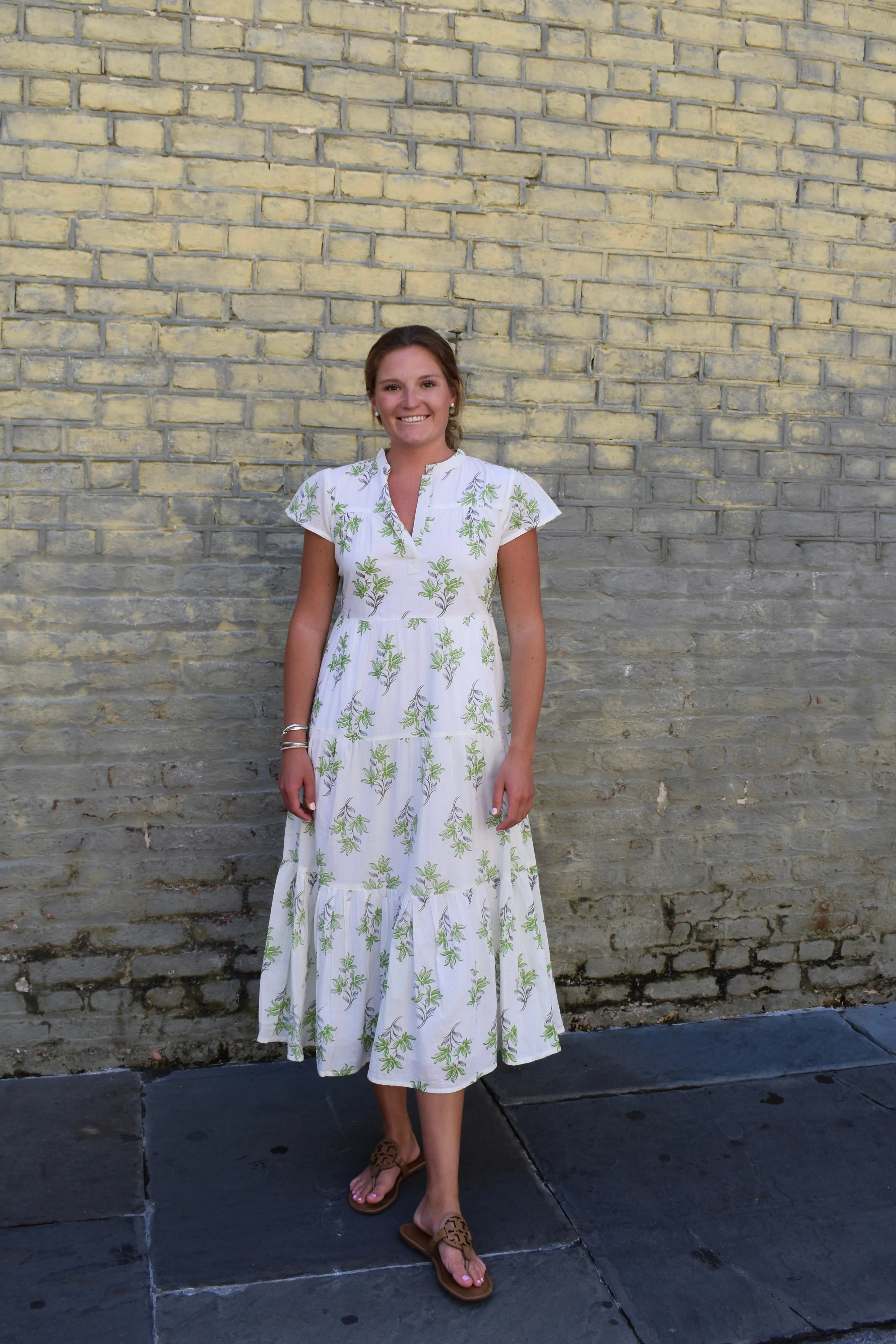 Folly Midi Dress Short Sleeve Wispy Green Bouquet