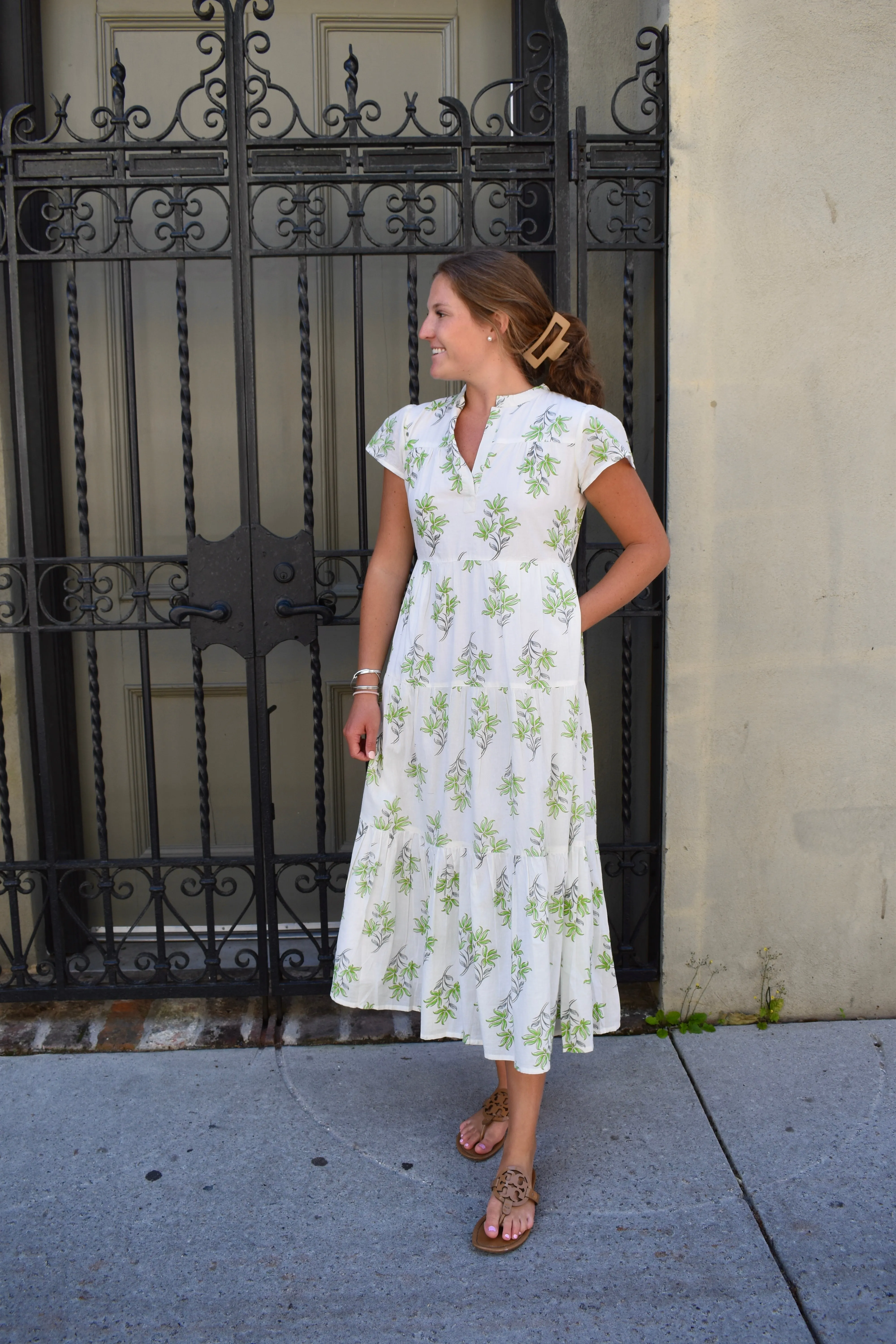 Folly Midi Dress Short Sleeve Wispy Green Bouquet