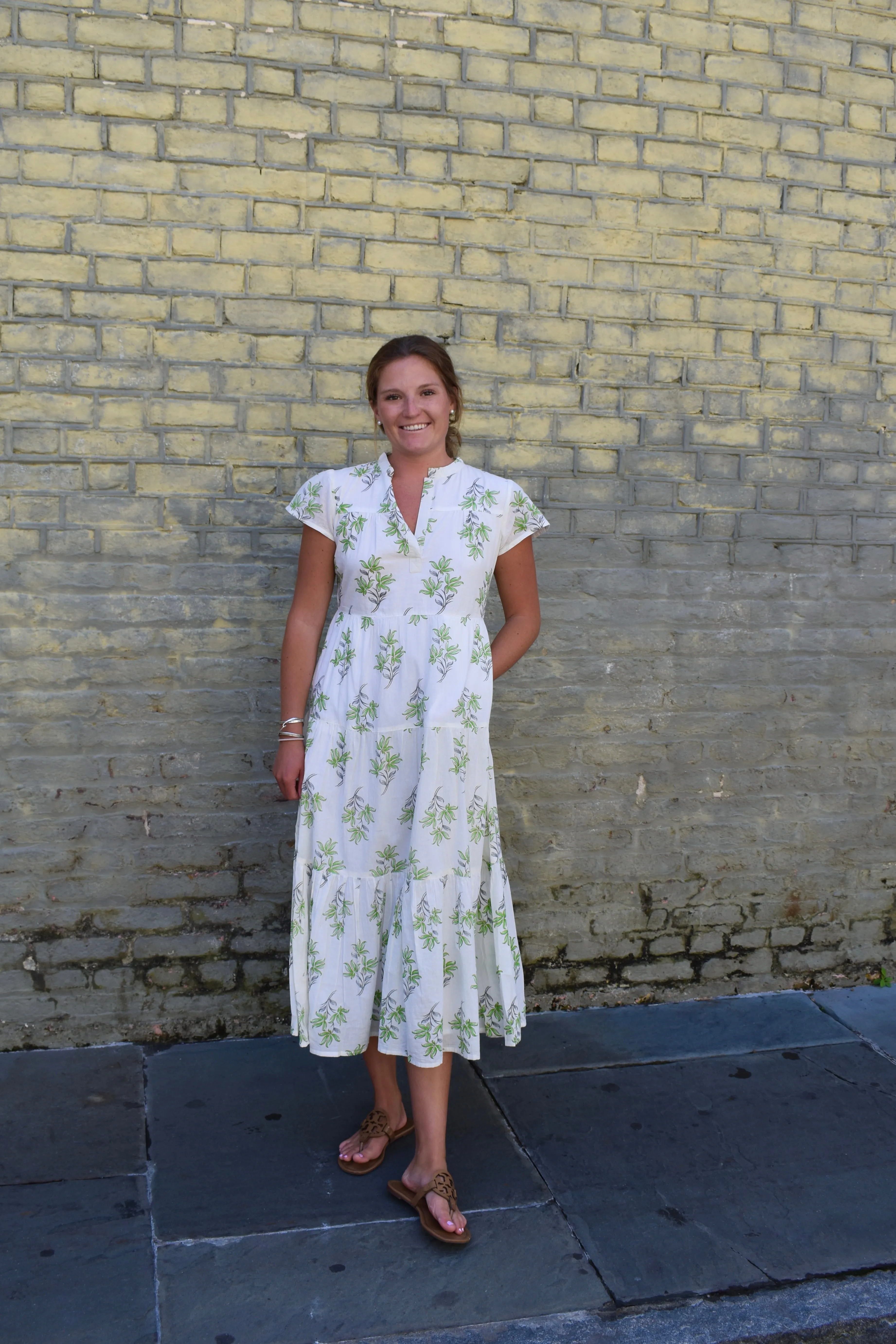 Folly Midi Dress Short Sleeve Wispy Green Bouquet