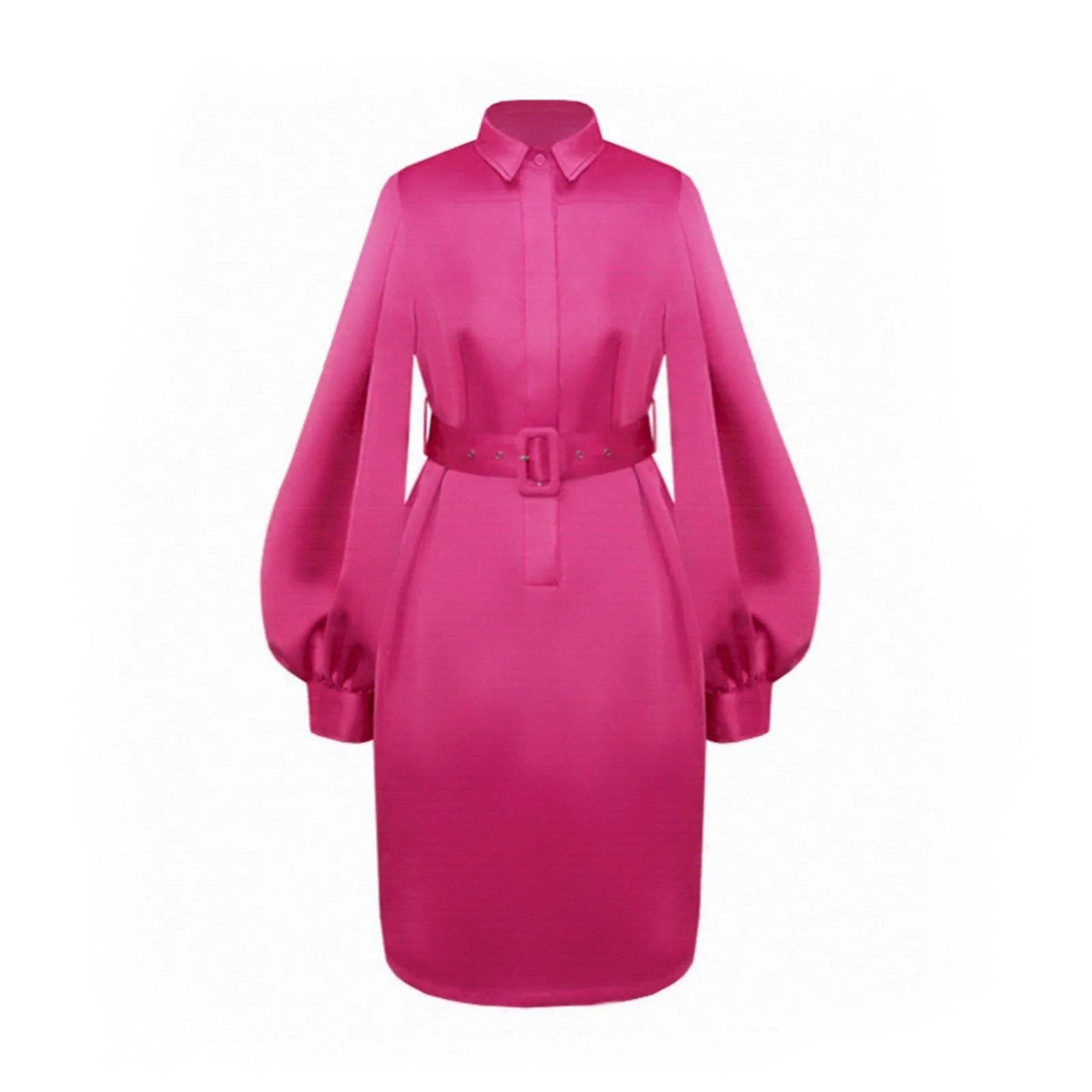 Fuchsia Long Puff Sleeve Belted Shirtdress