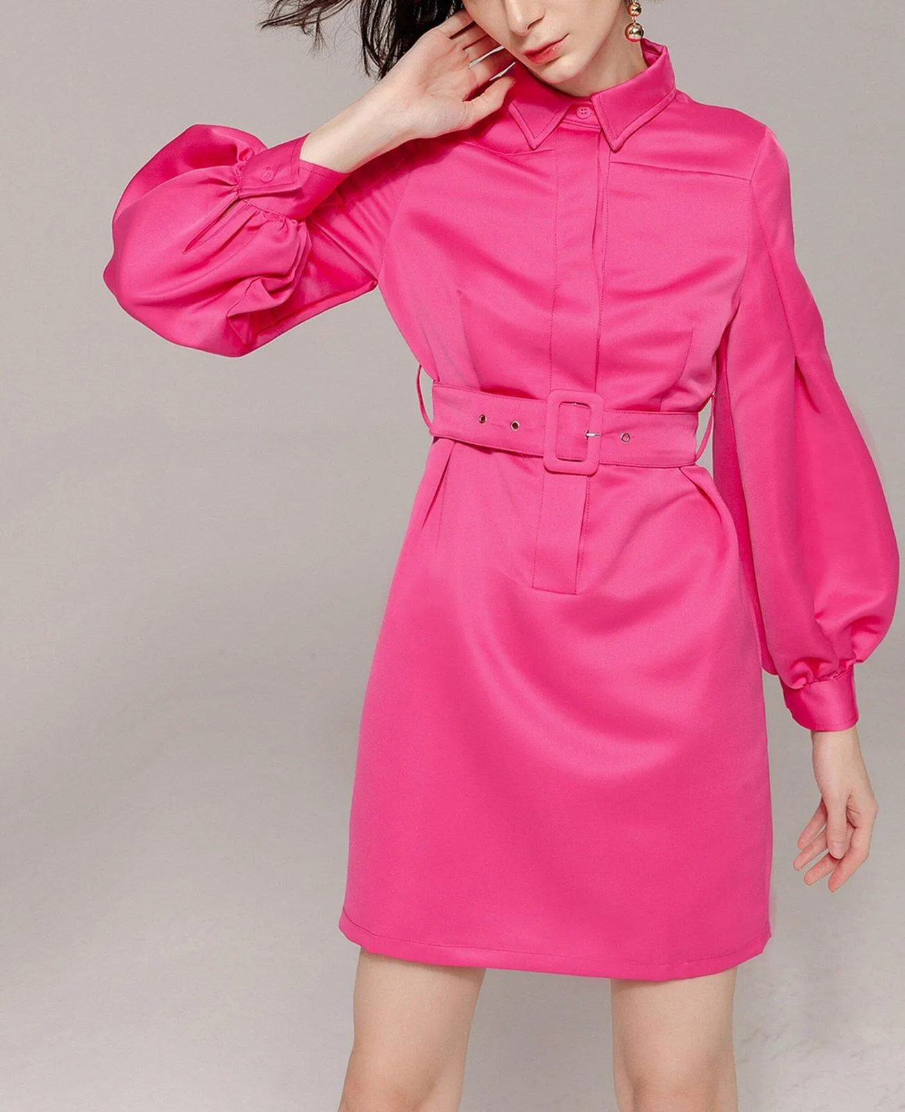 Fuchsia Long Puff Sleeve Belted Shirtdress