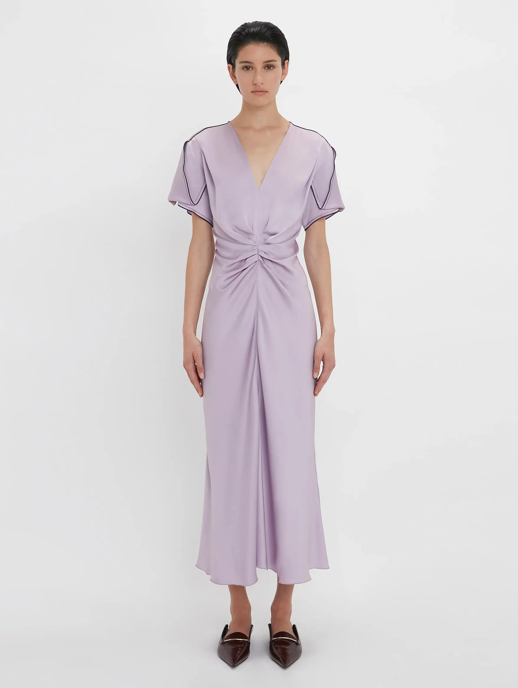 Gathered V-Neck Midi Dress in Petunia