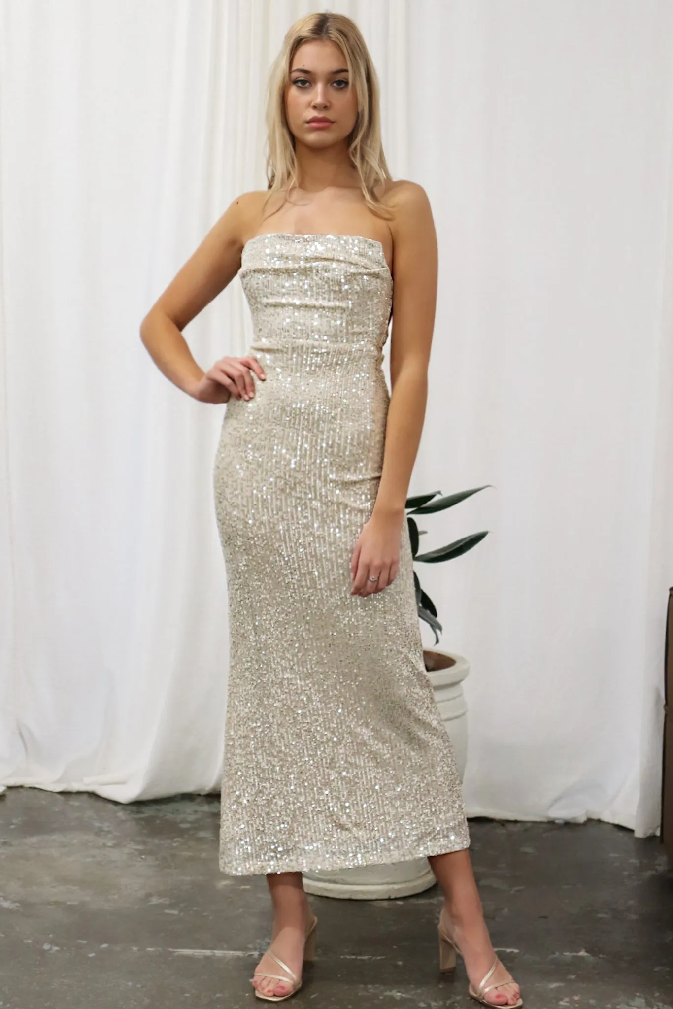 Gina Sequin Gown - Beige