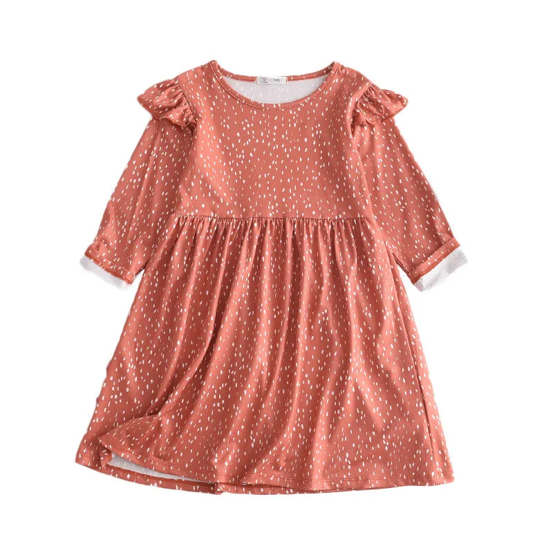 Girls Full Sleeve Polka A Dot Dress , Dusty Pink