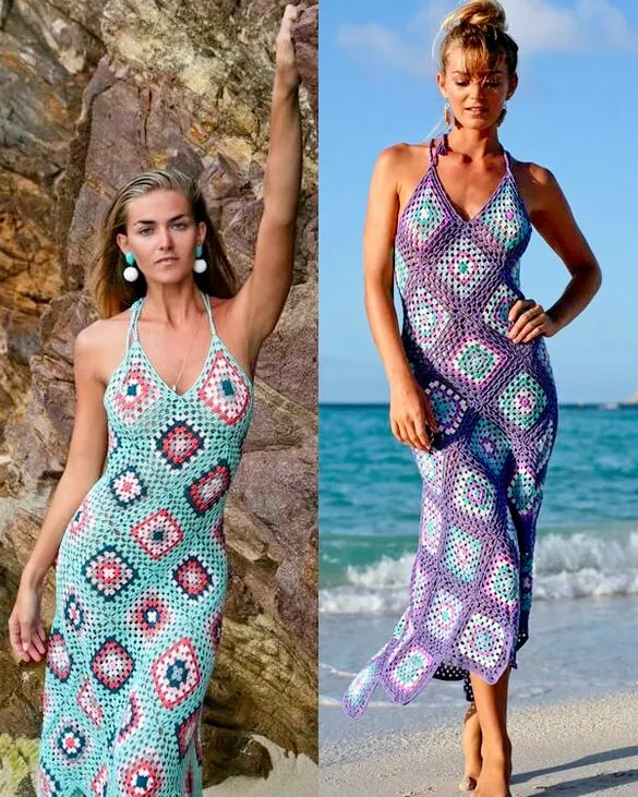 Granny Square Maxi Dress Choose Baby Pink Or Baby Blue Cami Top Double Spaghetti Strings Criss Cross In Back And Tie Halter Style Fit & Flare Available In Sizes XS Small Medium Or Large