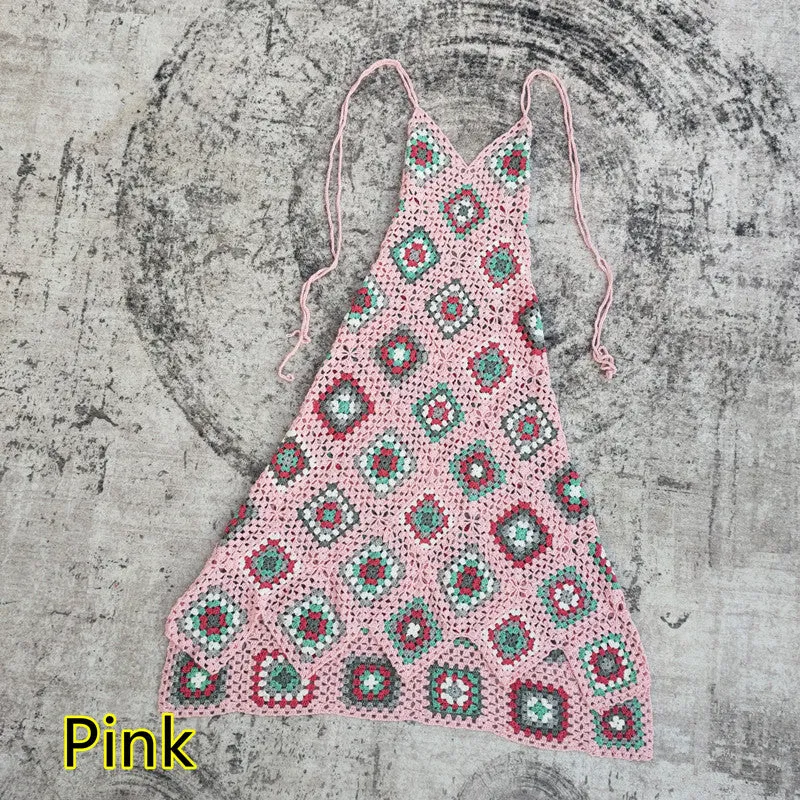 Granny Square Maxi Dress Choose Baby Pink Or Baby Blue Cami Top Double Spaghetti Strings Criss Cross In Back And Tie Halter Style Fit & Flare Available In Sizes XS Small Medium Or Large