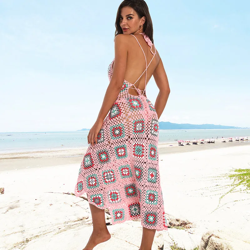 Granny Square Maxi Dress Choose Baby Pink Or Baby Blue Cami Top Double Spaghetti Strings Criss Cross In Back And Tie Halter Style Fit & Flare Available In Sizes XS Small Medium Or Large