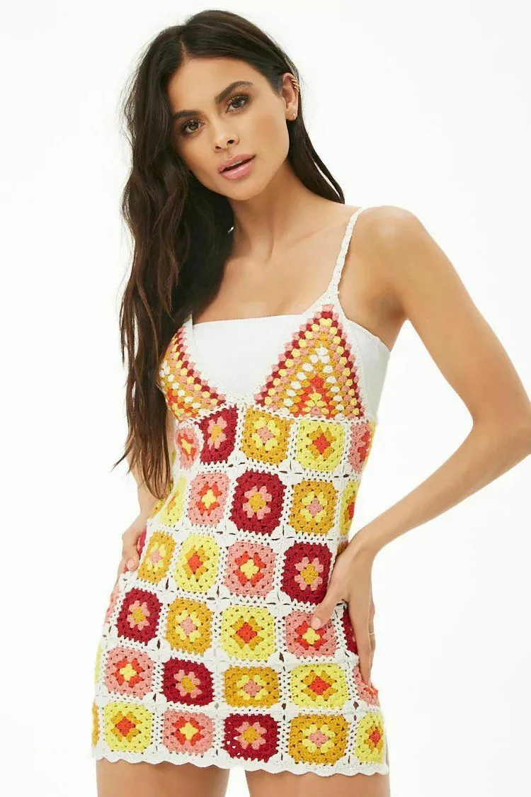 Granny Square Mini Dress Cami Straps Slits Up Sides White Dark Red Mauve Pink Yellow Burnt Orange And Golden Size Medium