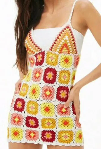 Granny Square Mini Dress Cami Straps Slits Up Sides White Dark Red Mauve Pink Yellow Burnt Orange And Golden Size Medium